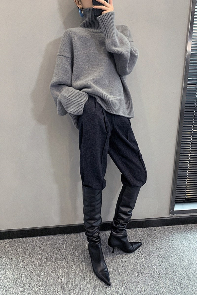 Loose Solid Color Turtleneck Wool Knit Sweater