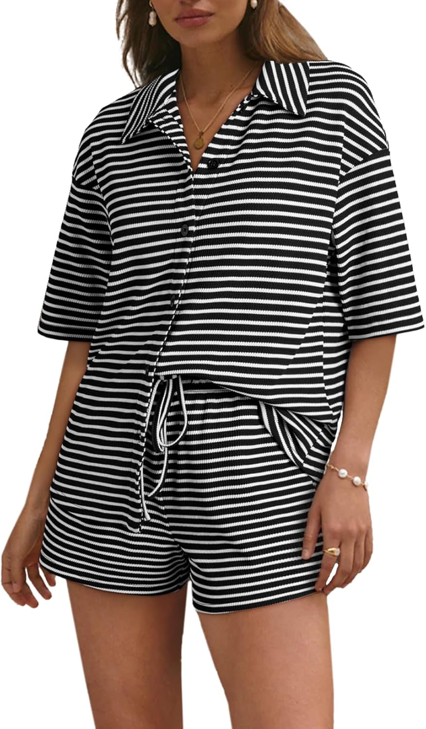Casual Knitted Striped Short Sleeve Pajama Set (Buy 2 Free Shipping)