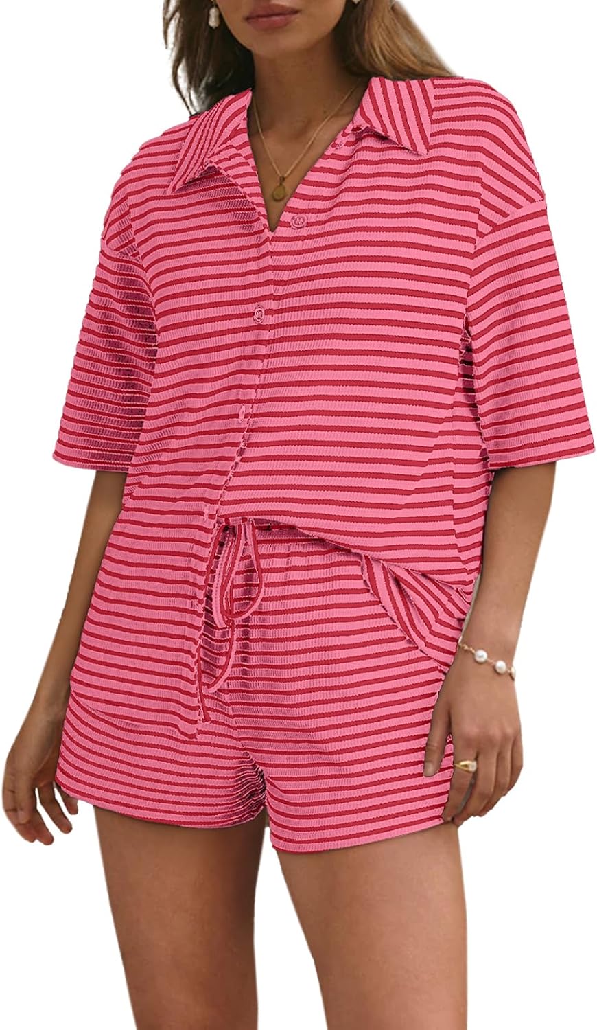 Casual Knitted Striped Short Sleeve Pajama Set (Buy 2 Free Shipping)