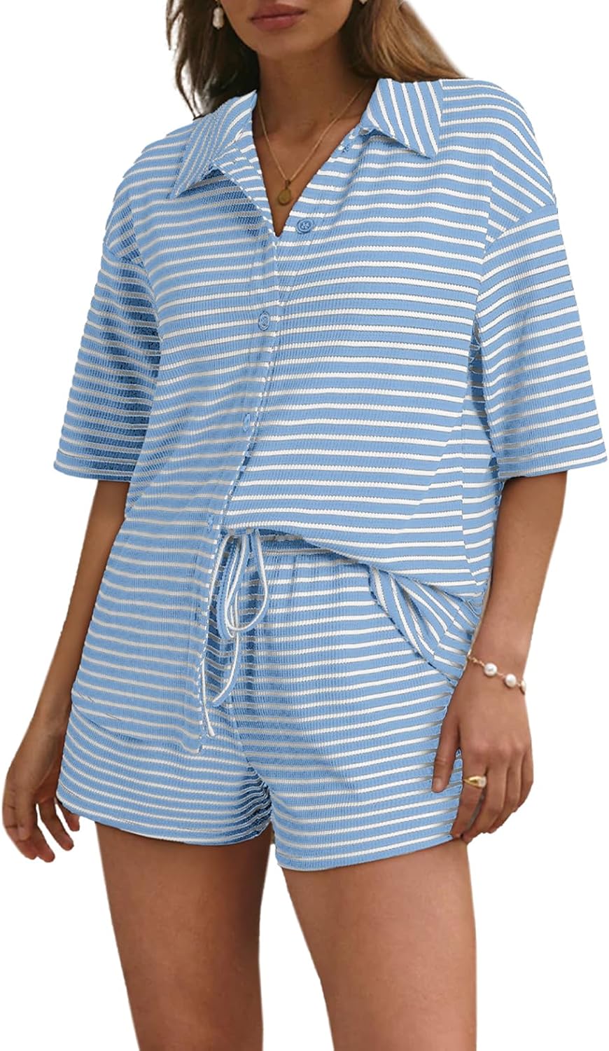 Casual Knitted Striped Short Sleeve Pajama Set (Buy 2 Free Shipping)