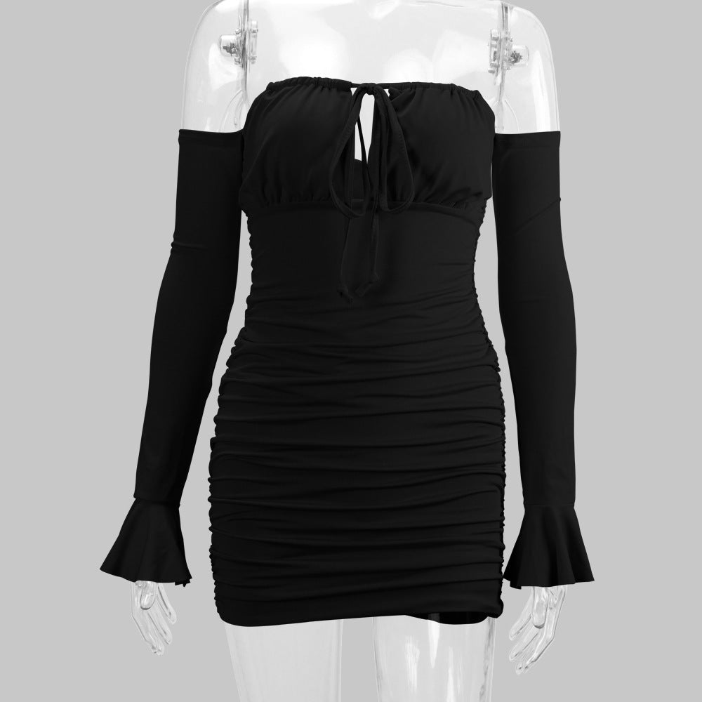 Women's lace-up off-shoulder long sleeve slim fit sheath sexy dress casual party