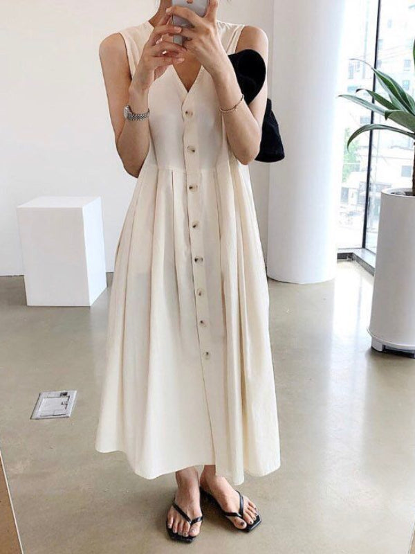 Summer Vintage V-Neck Sleeveless Midi Dress