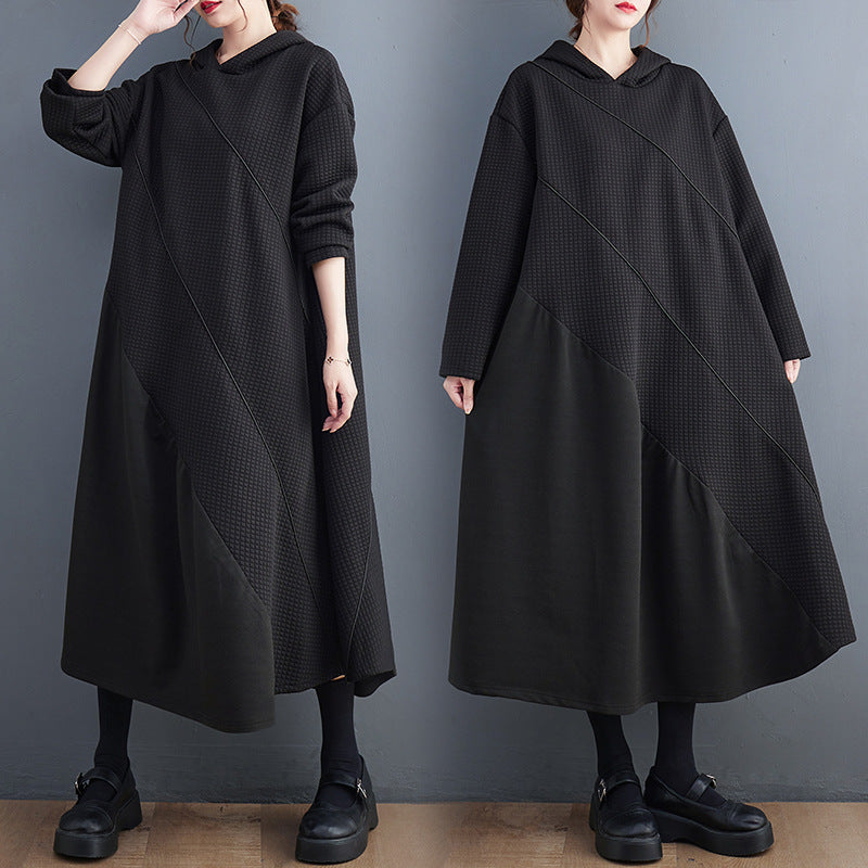 Loose Black Splicing Hooded Midi Dress