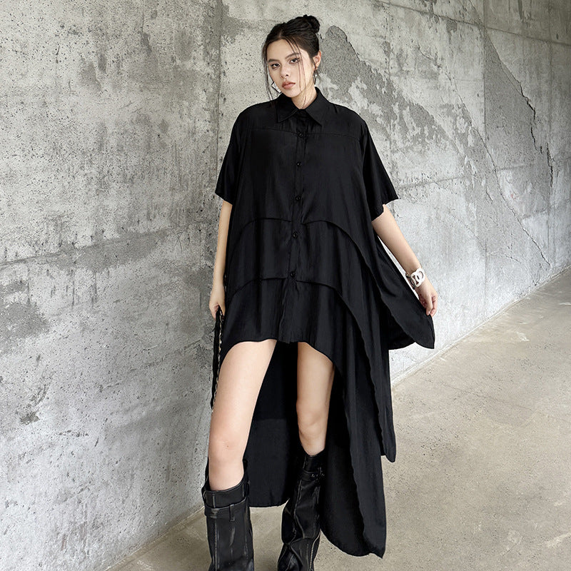 Cool Black Irregular Hem Short Sleeve Shirt Dress