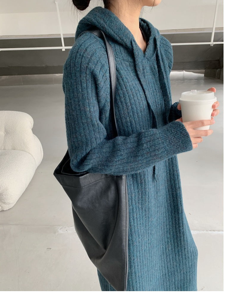 Simple Solid Color Hooded Sweater Dress