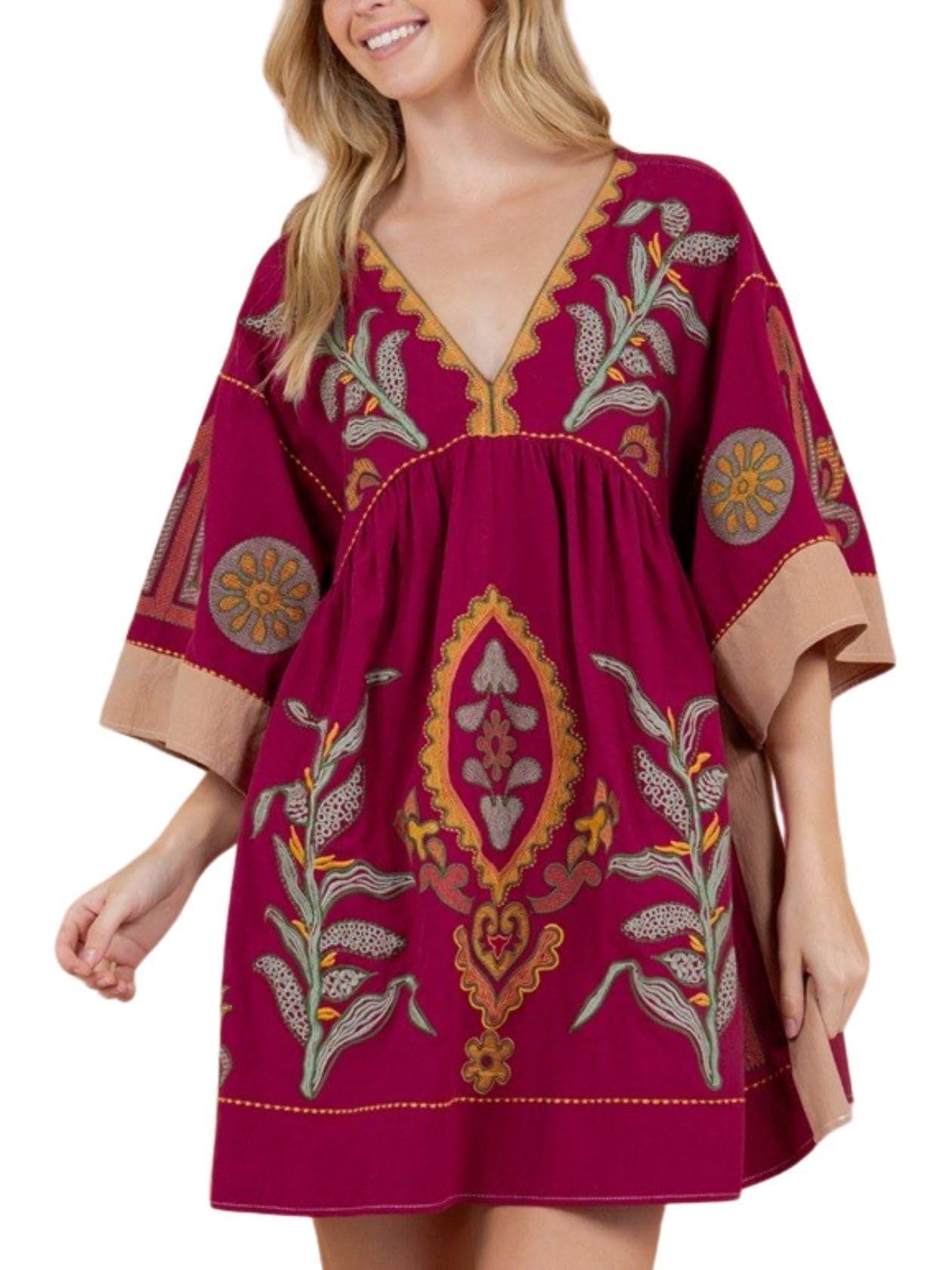 🌸Women's  V-Neck 3/4 Sleeves Loose Fit Vintage Embroidered Dress(Buy 2 Free Shipping)