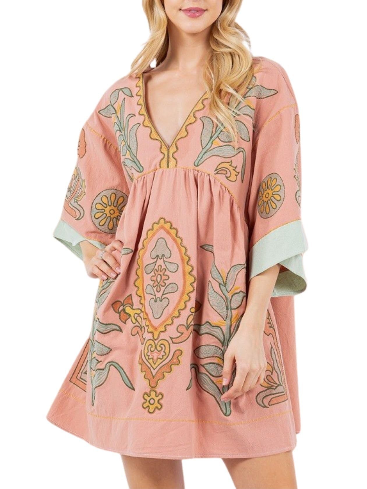 🌸Women's  V-Neck 3/4 Sleeves Loose Fit Vintage Embroidered Dress(Buy 2 Free Shipping)