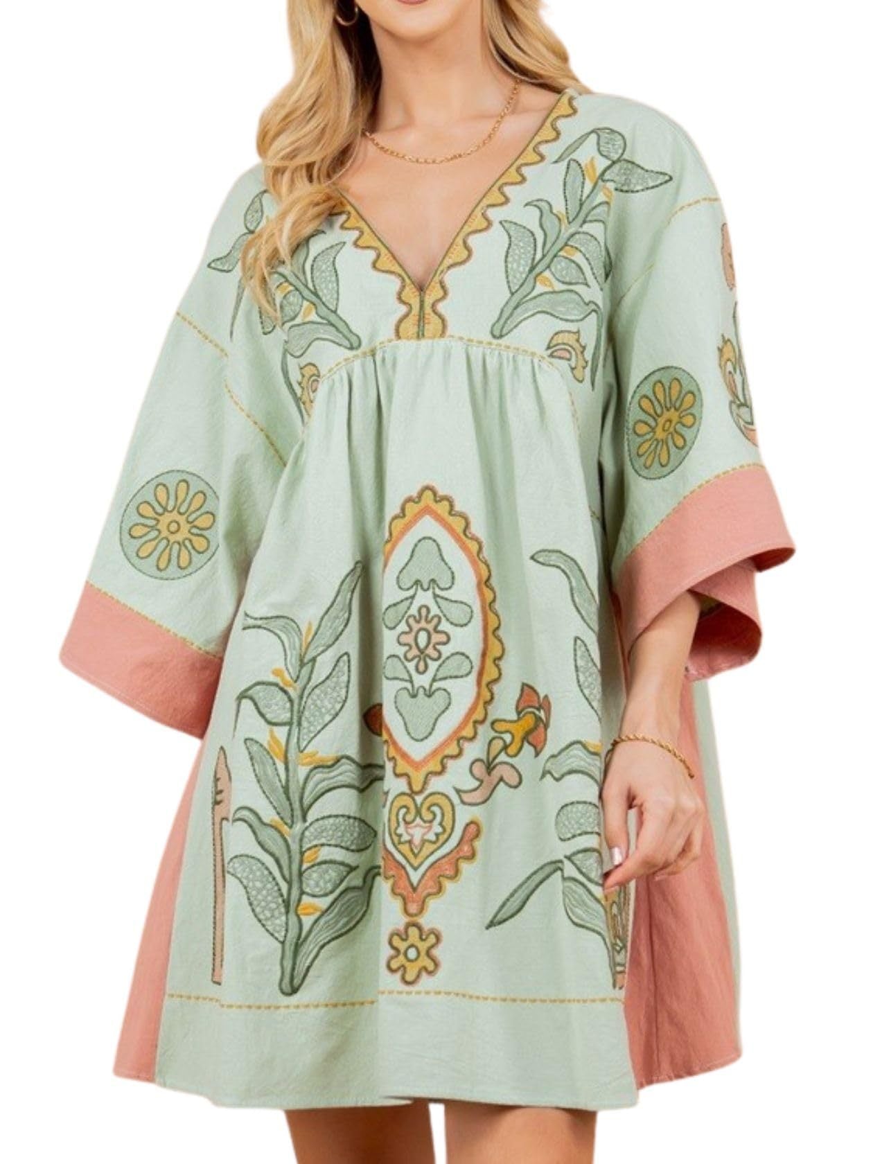 🌸Women's  V-Neck 3/4 Sleeves Loose Fit Vintage Embroidered Dress(Buy 2 Free Shipping)