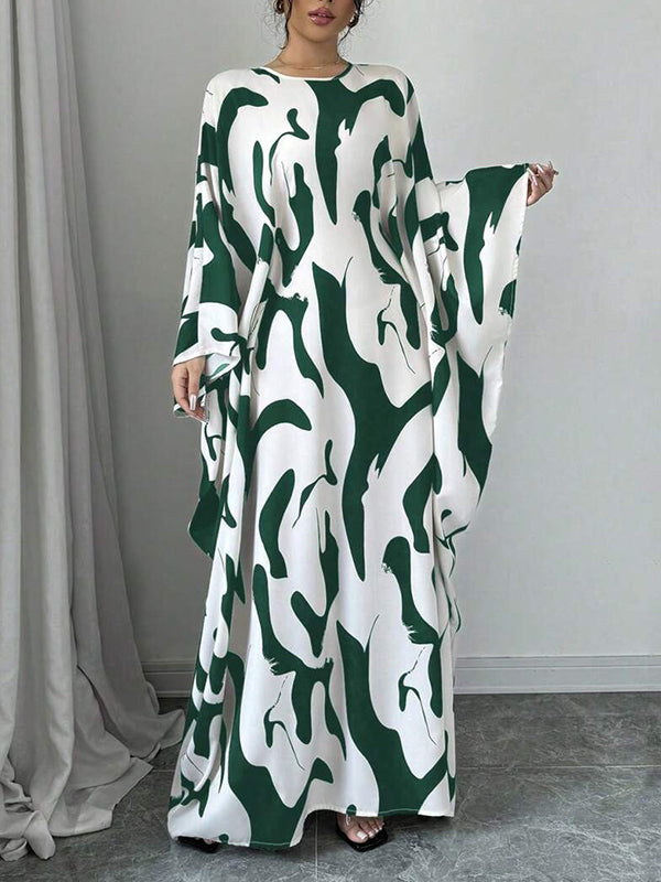 Batwing Sleeves Loose Contrast Color Printed Round-Neck Maxi Dresses