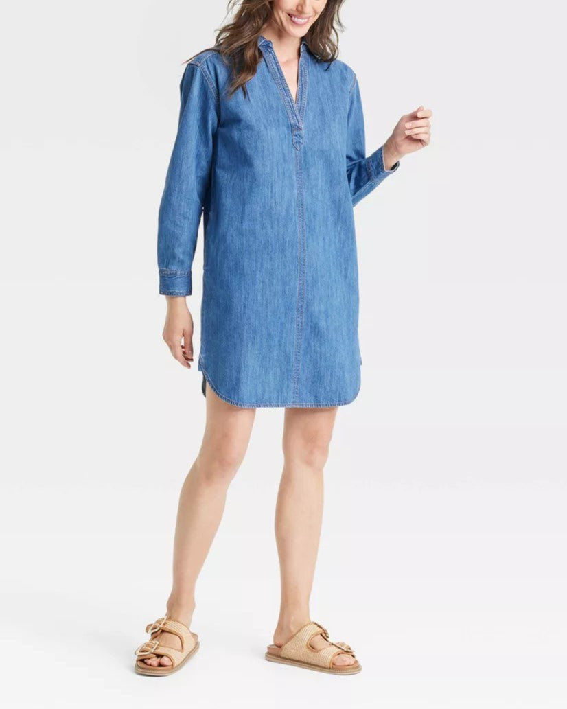 V-Neck Oversized Denim Dress With Side Pockets (Buy 2 Free Shipping)