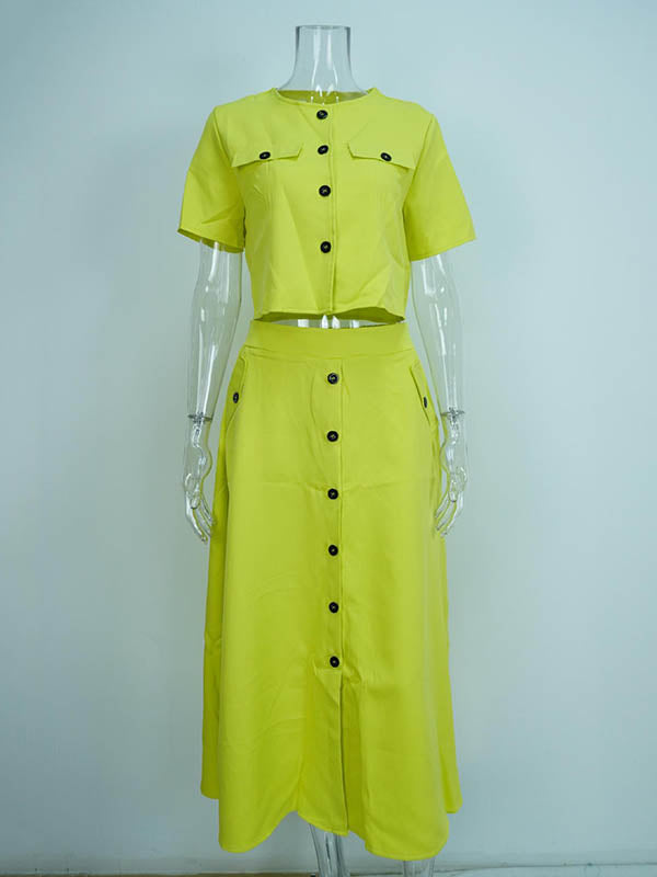 Loose Split-Joint Round-Neck Blouses + A-Line Skirts Two Pieces Set