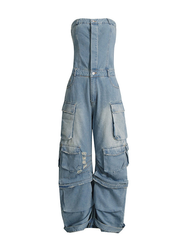 High Waisted Wide Leg Buttoned Hollow Pockets Split-Joint Tube Jumpsuits