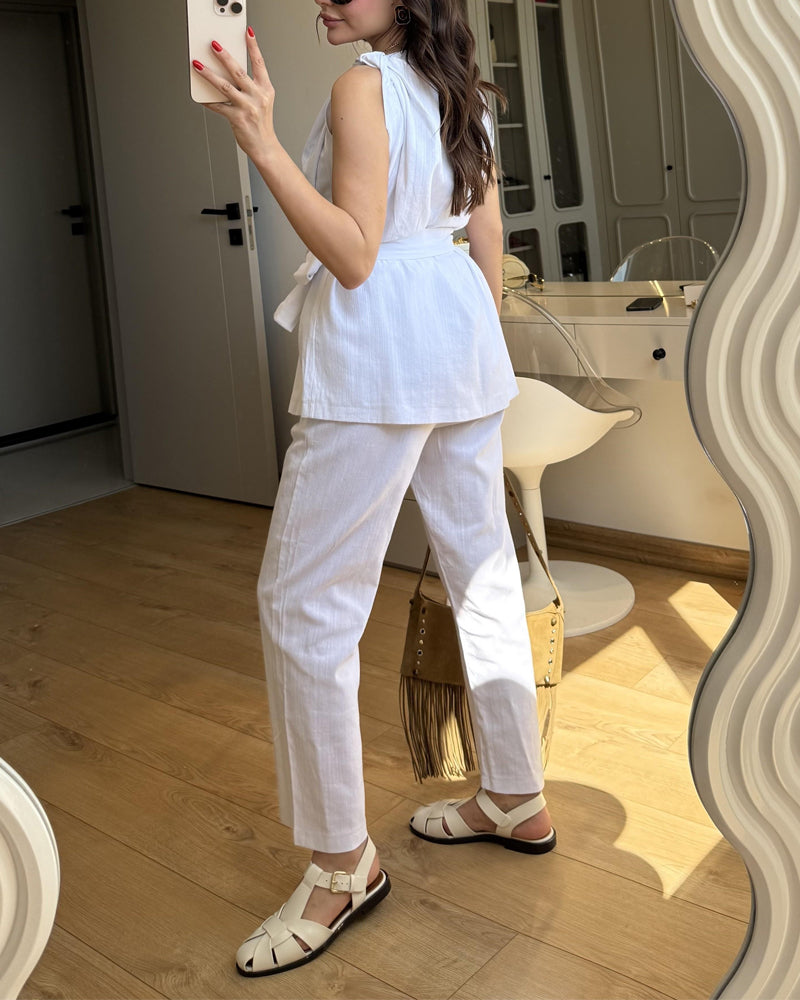 Solid Color Design One-Sleeve Top & Pants Two-Piece Set