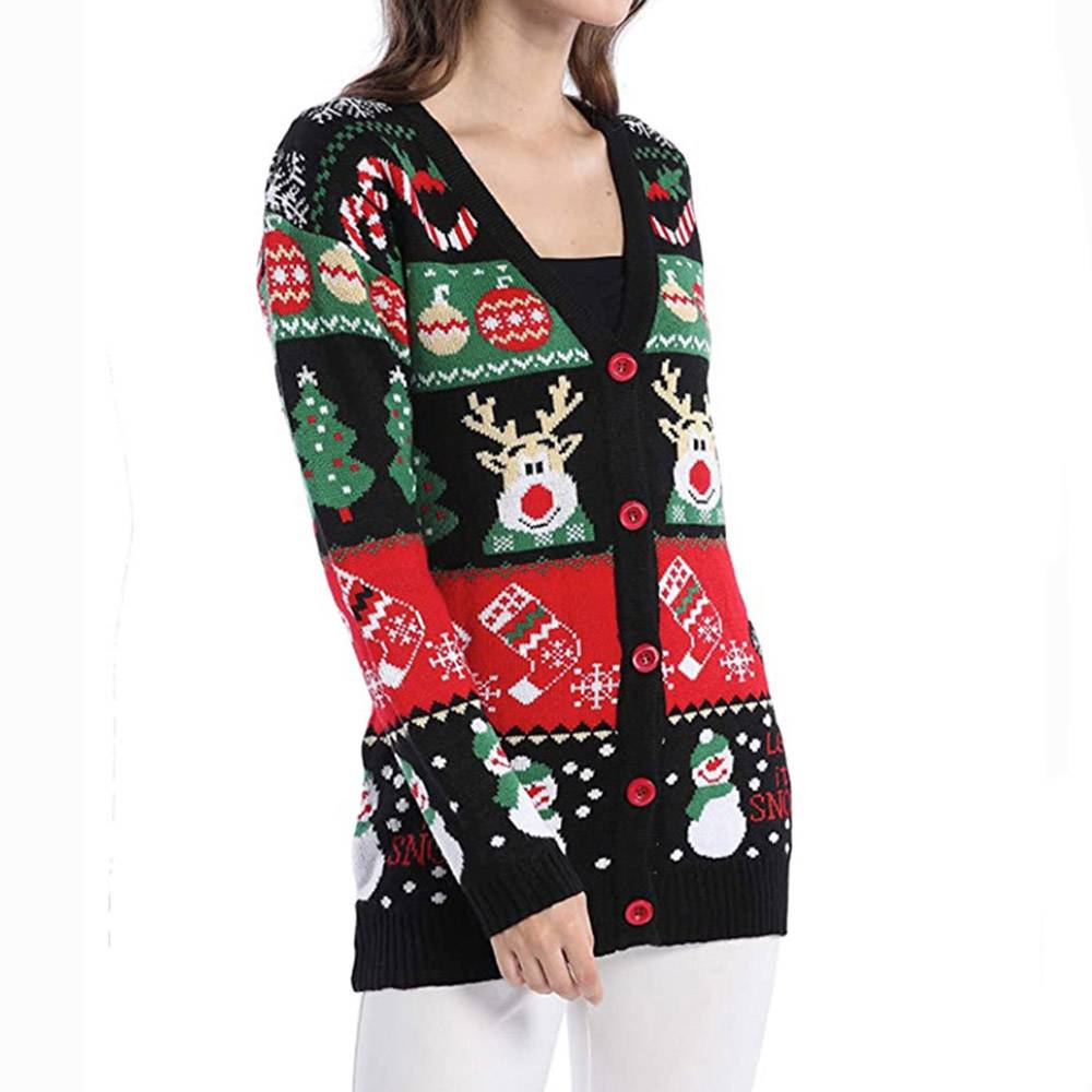 Merry Christmas Sweater | Patchwork Single-Breasted Loose Women's Sweater