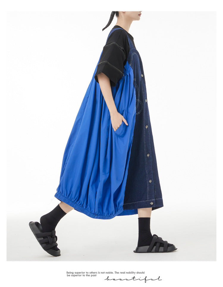 Vintage Splicing Denim Suspender Midi Dress