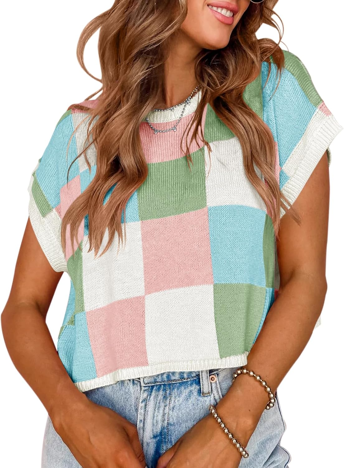 Women's Checkerboard Short Sleeve Color Block Knit Sweater(Buy 2 Free Shipping)