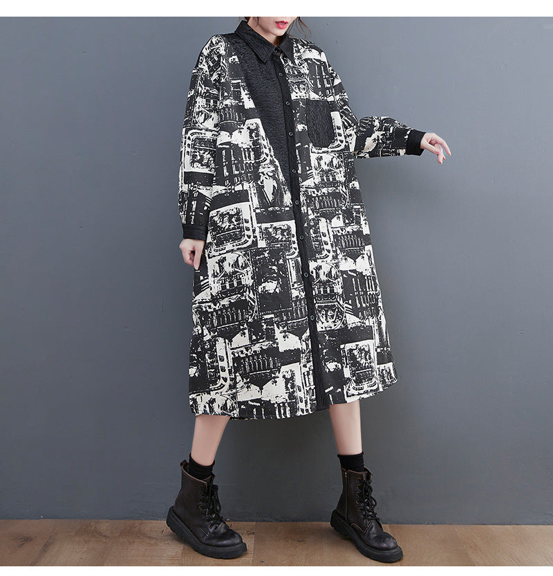 Vintage Print Lapel Long Sleeve Coat