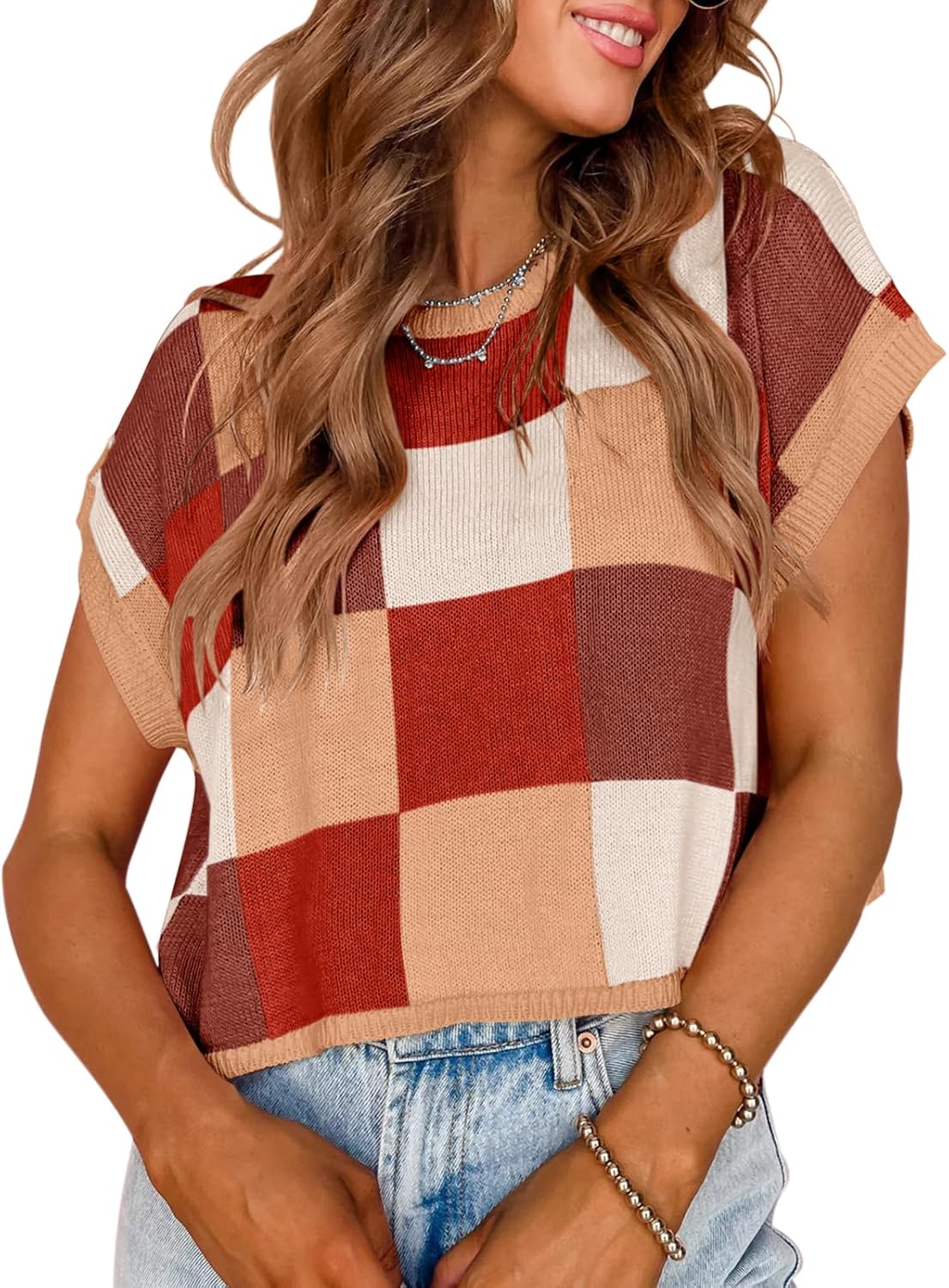 Women's Checkerboard Short Sleeve Color Block Knit Sweater(Buy 2 Free Shipping)