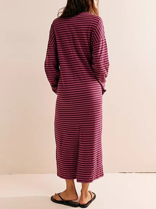 Long Sleeves Loose Contrast Color No Belt Split-Joint Striped Round-Neck Maxi Dresses