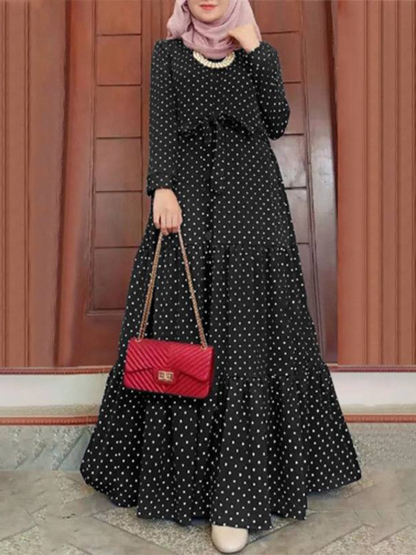 Vintage Polka-Dot Long Sleeve Round Neck Maxi Dress