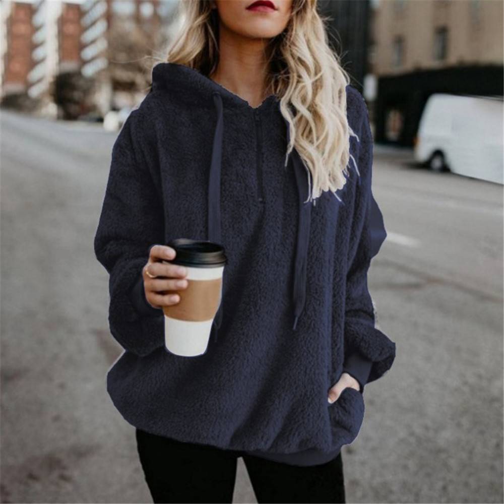 Zipper Regular Plain Patchwork Hooded Women's Hoodie