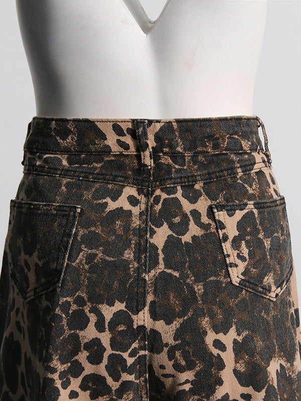 High Waisted Loose Leopard Printed Ripped Split-Joint Jean Pants Bottoms