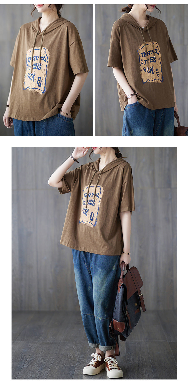 Casual Printed Hooded Short Sleeve T-shirt