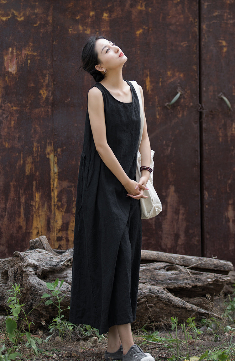 Simple Ramie Sleeveless Lace-up Midi Dress