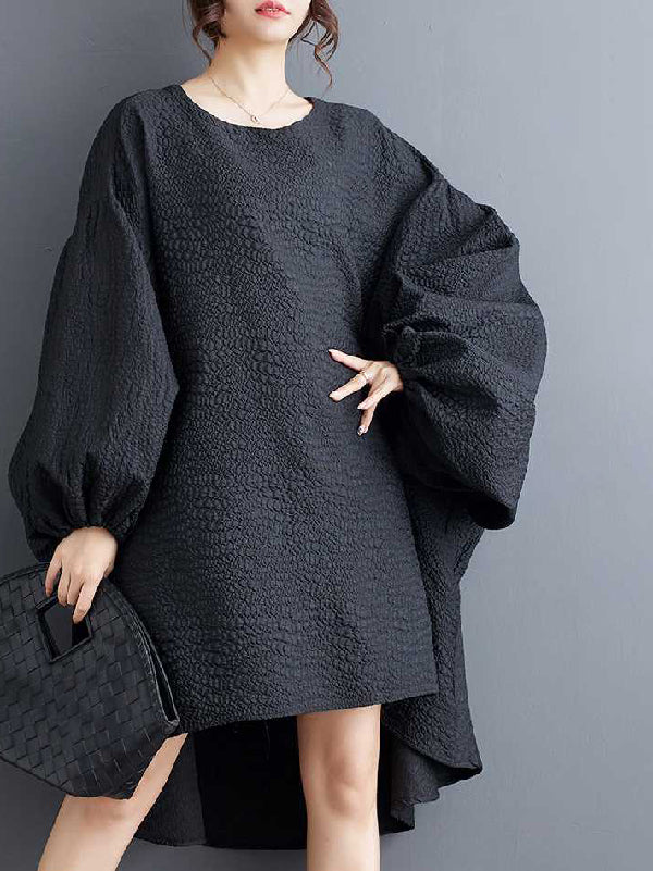 High-Low Long Sleeves Elasticity Solid Color Split-Joint Round-Neck Midi Dresses