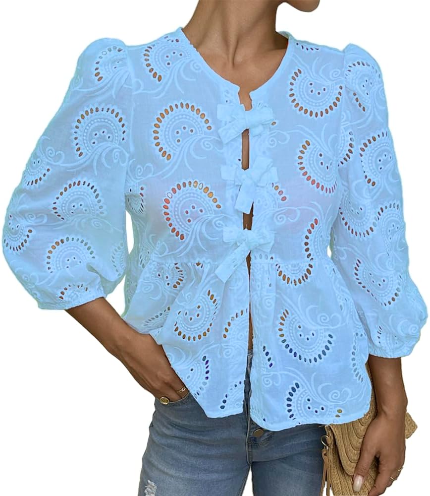 Women's Lace 3/4 Length Puff Sleeve Peplum Tops (Buy 2 Free Shipping)