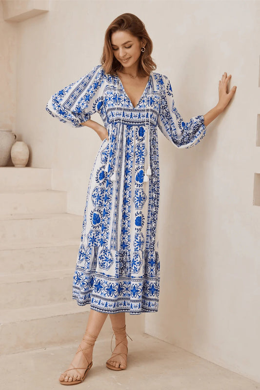 Ethnic style women's long sleeved printed boho dress