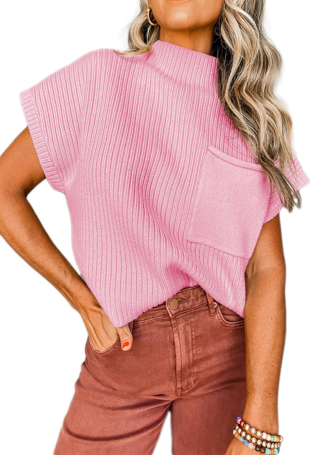 Casual Women's Stand Collar Short Sleeve Knitted Sweater Vest(Buy 2 Free Shipping)