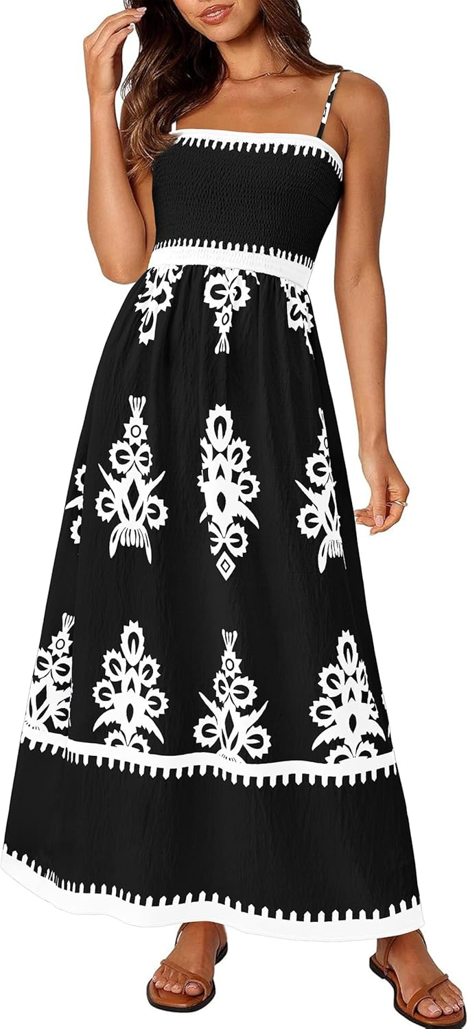 Spaghetti Strap Ruffled Floral Bohemian Maxi Dress With Pockets(Buy 2 Free Shipping)