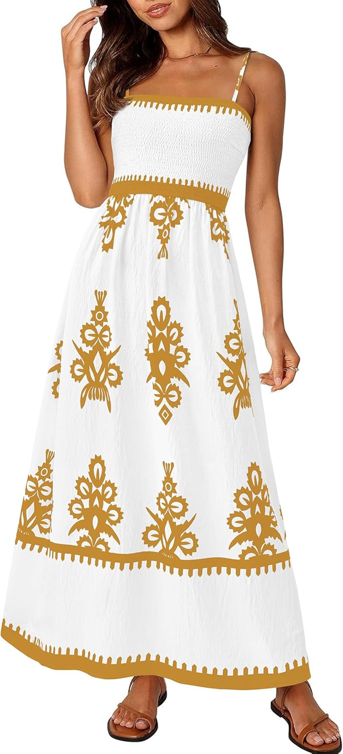 Spaghetti Strap Ruffled Floral Bohemian Maxi Dress With Pockets(Buy 2 Free Shipping)