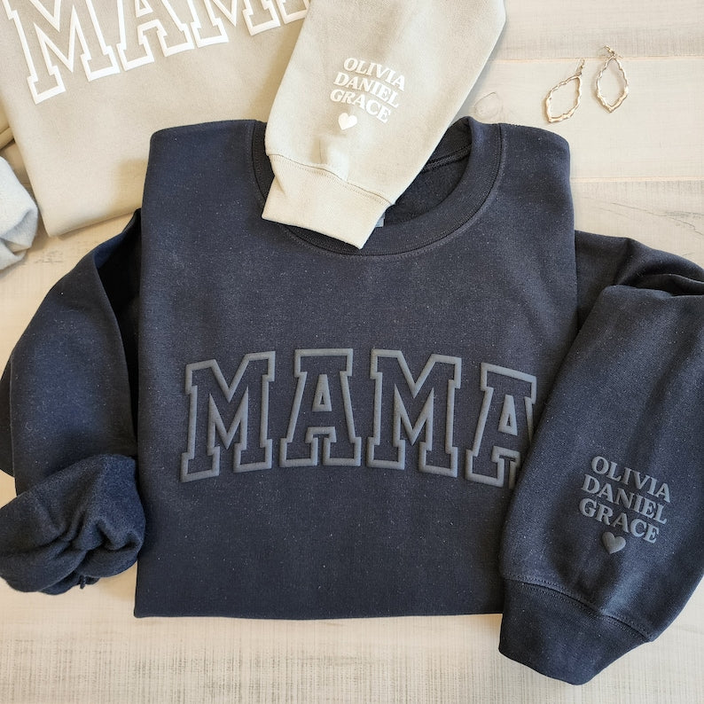 Mama Keepsake Sweatshirt with Puff .LetteringPersonalized Kid Names on Sleeve, Mama Sweater, New Mom Gift