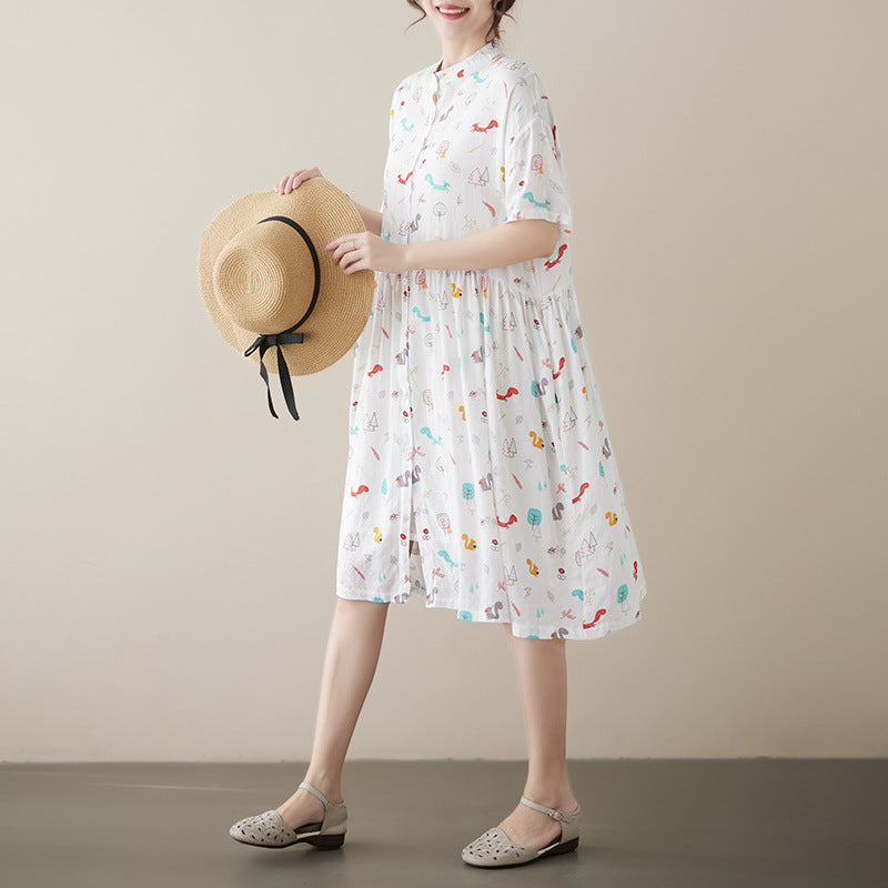 Literary Print Stand Collar Short Sleeve Midi Dress