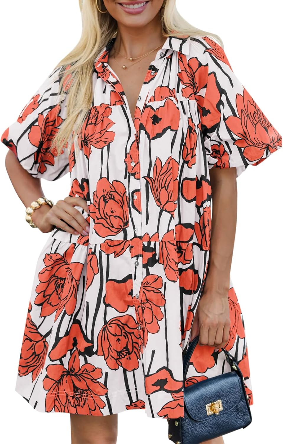 🌸Women's Casual Button Down Floral Puff Sleeve Shirt Dress(Buy 2 Free Shipping)