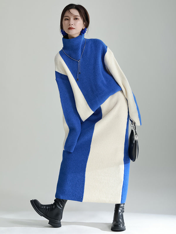 Casual Loose Long Sleeves Contrast Color High-Neck Sweater Top&Skirt Two Pieces Set