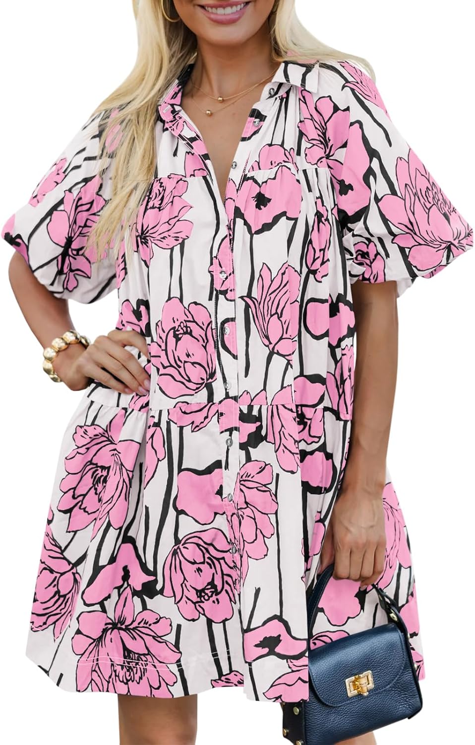 🌸Women's Casual Button Down Floral Puff Sleeve Shirt Dress(Buy 2 Free Shipping)
