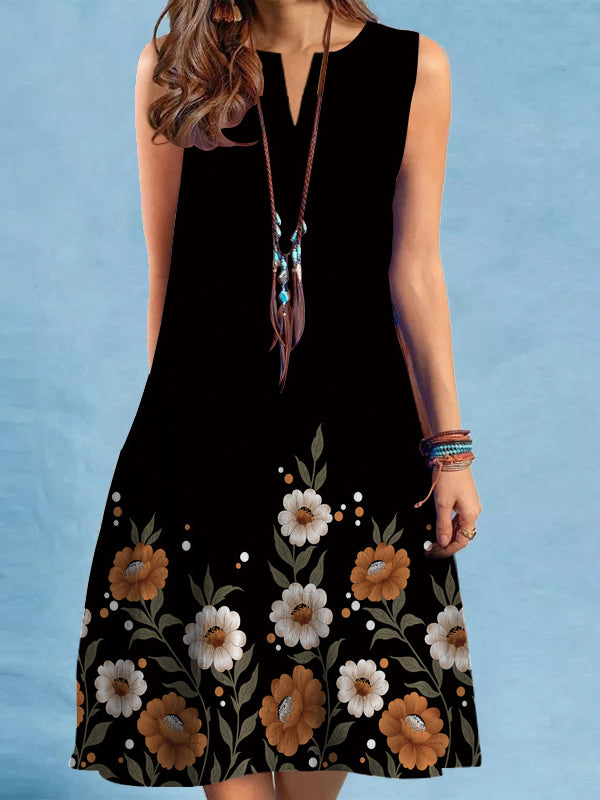 Loose Plus Size Flower Print V-Neck Mini Dresses