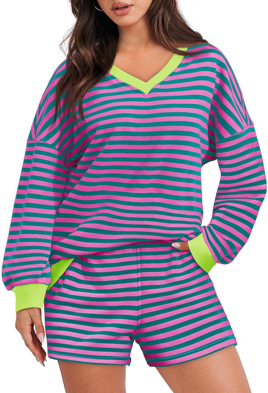 Striped Casual V-Neck Oversized Sweatshirt And Drawstring Shorts Set (Buy 2 Free Shipping)