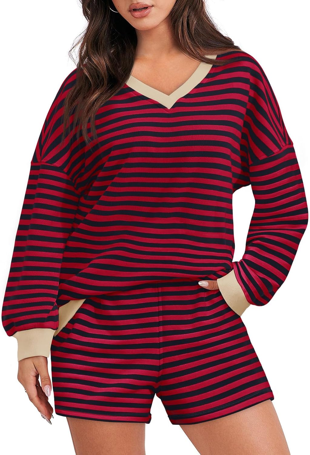 Striped Casual V-Neck Oversized Sweatshirt And Drawstring Shorts Set (Buy 2 Free Shipping)