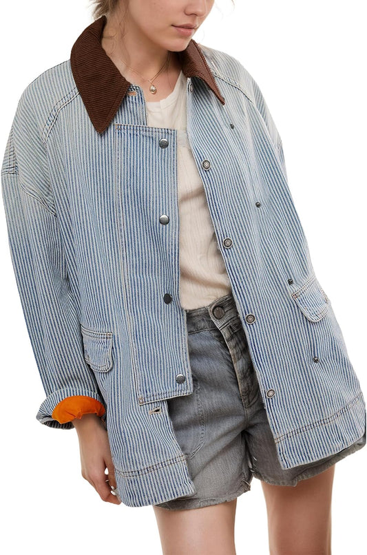 Casual Oversized Stripe Button-Down Denim Jacket (Buy 2 Free Shipping)