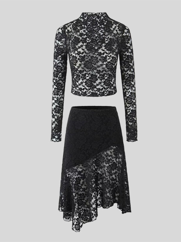 Long Sleeves See-Through Solid Color Mock Neck T-Shirts Tops + Split-Joint Asymmetric High Waisted Skirts Bottom Two Pieces Set