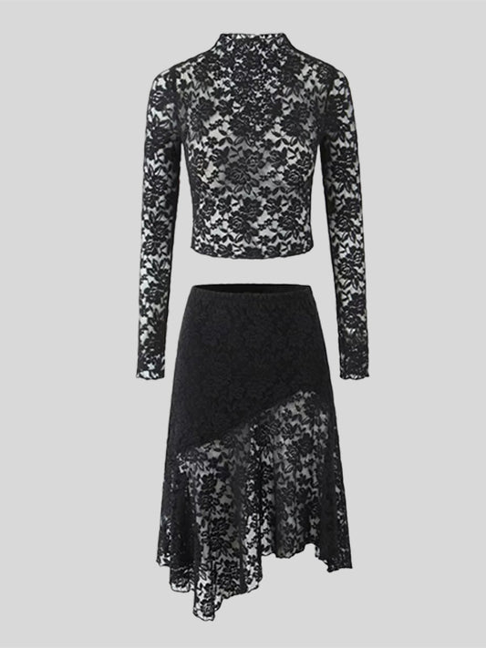 Long Sleeves See-Through Solid Color Mock Neck T-Shirts Tops + Split-Joint Asymmetric High Waisted Skirts Bottom Two Pieces Set
