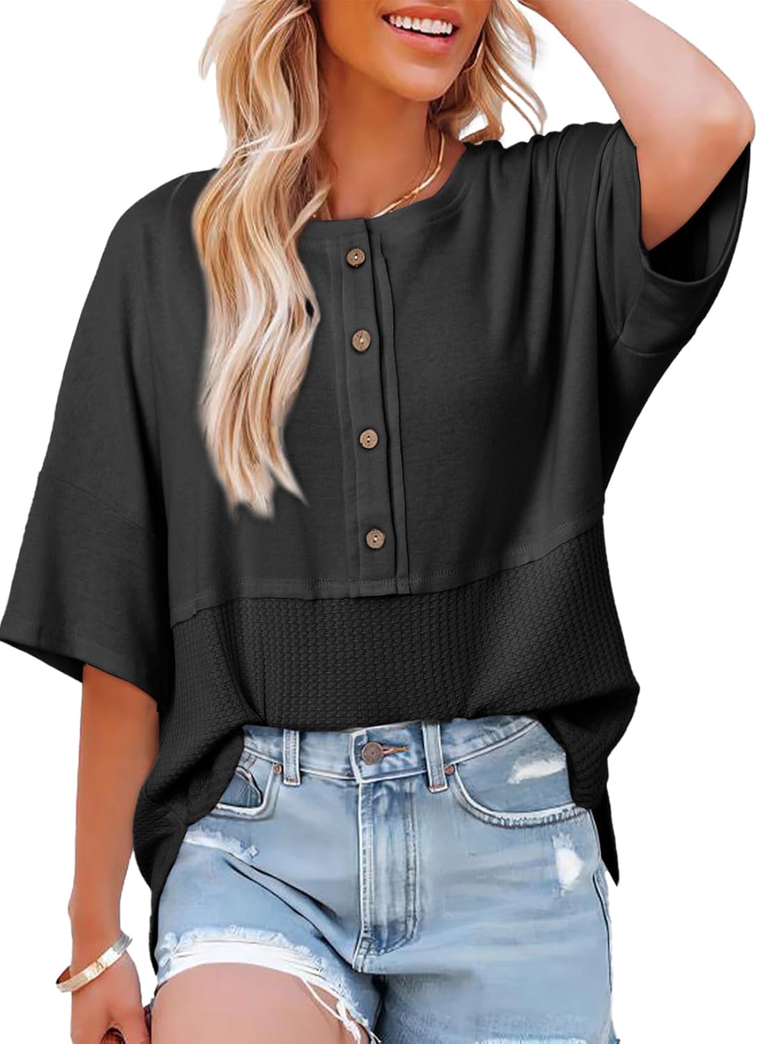 Casual Waffle Knit Button 3/4 Sleeve Top(Buy 2 Free Shipping)