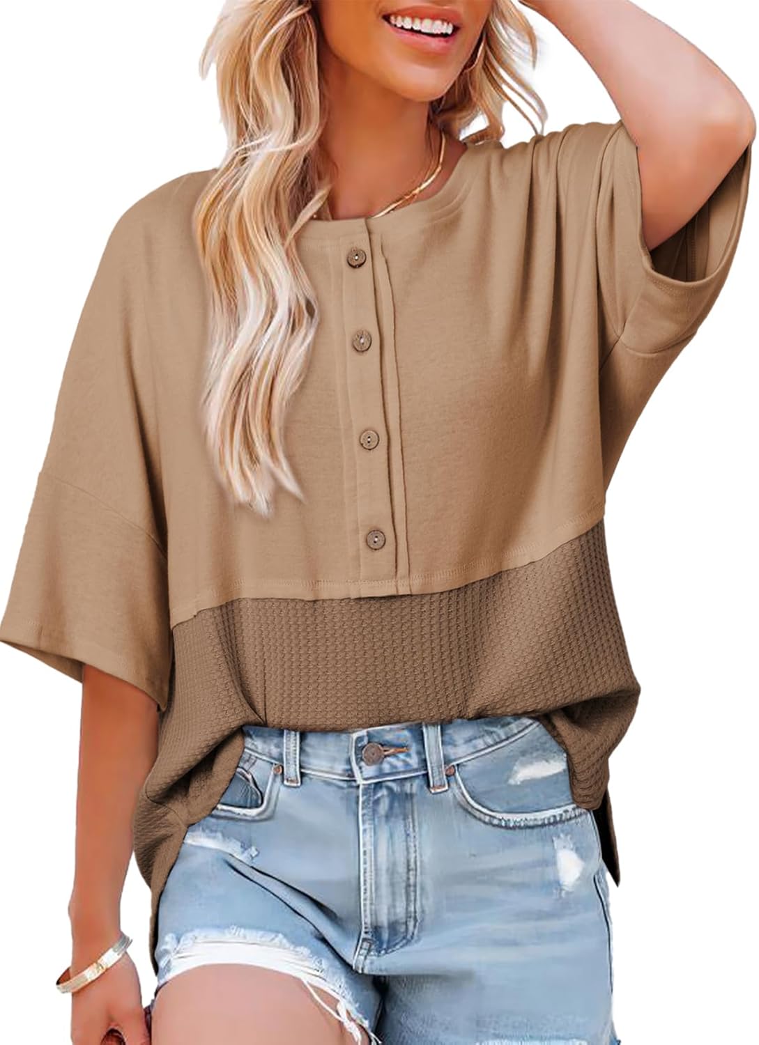 Casual Waffle Knit Button 3/4 Sleeve Top(Buy 2 Free Shipping)
