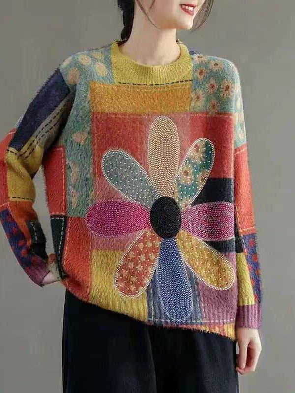 Colorful Flower Knit Round Neck Sweater