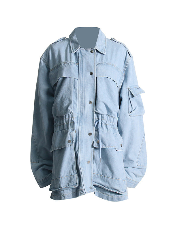 Long Sleeves Loose Buttoned Drawstring Pockets Split-Joint Lapel Outerwear