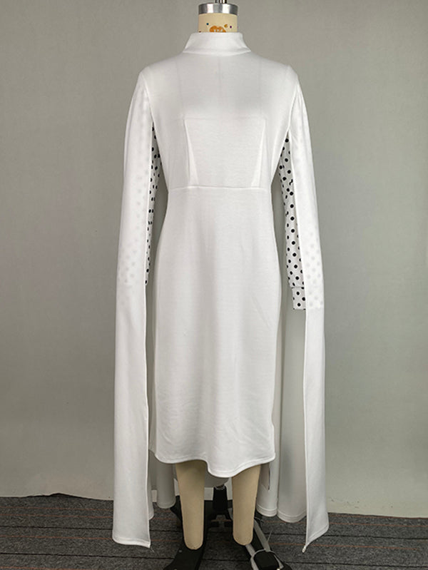 Capelet Long Sleeves Polka-Dot Split-Joint Mock Neck Midi Dresses